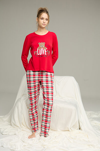 Siyah İnci kırmızı ekose desenli Pamuklu Bisiklet Yaka Örme Pijama Takım25241129
