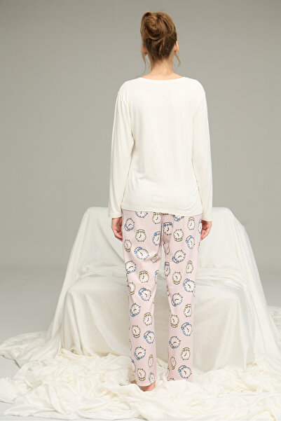 Siyah İnci ekru pembe saat desenli Pamuklu Bisiklet Yaka Örme Pijama Takım25241152