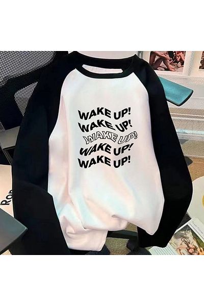 Touz Moda Wake up Printed Raglan Long Sleeve Printed White T-Shirt