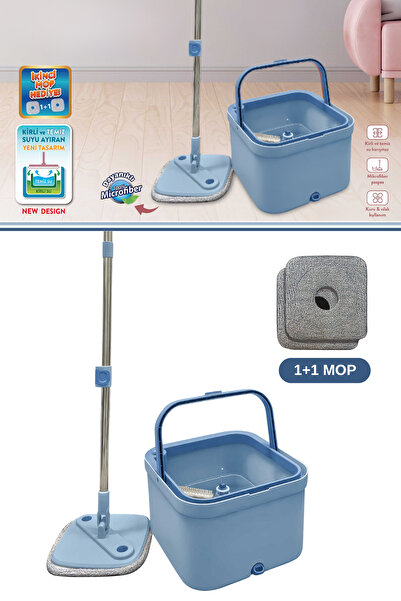 12den Flora Kare Spin Mop Set, Temiz ve Kirli Suyu Ayıran Mikrofiber Döner Temizlik Seti 1+1 Mop Mavi