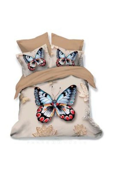 Ralex Double Bed Linen Finet Cotton 3D 6 Pieces 220 x 240 cm, Colorful Butterfly, Beige, Pucioasa