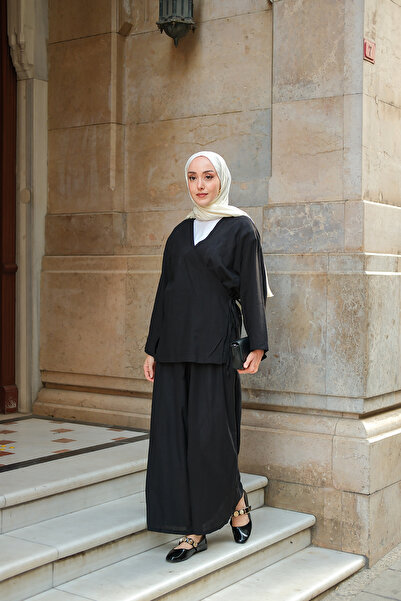 LOCCO Women's Waist Tie Detail Double Suit Black