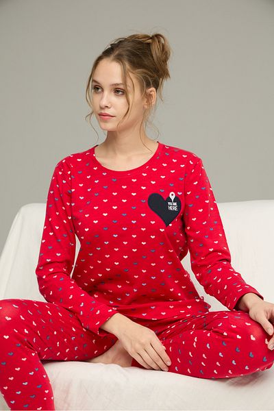 Siyah İnci Red Heart Pattern Cotton Crew Neck Knitted Pajamas Suit25241153
