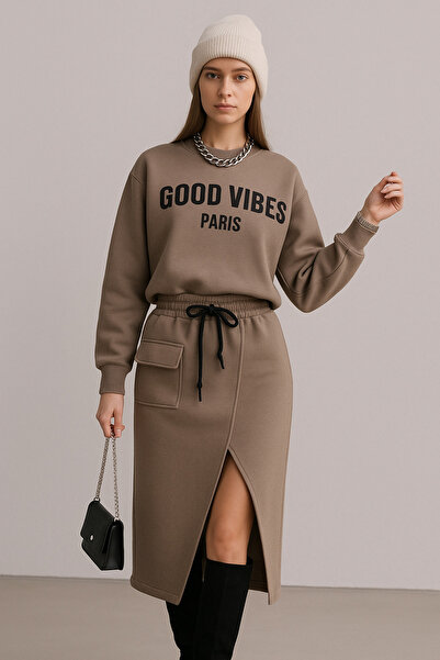 NoVibe Women's Sweatshirt Slit Detailed Skirt Bottom Top Double Set