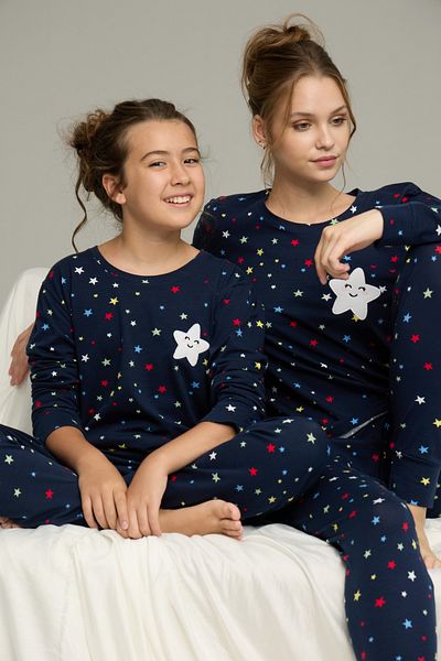 Siyah İnci Navy Blue Star Pattern Cotton Crew Neck Knitted Pajamas Suit25241130