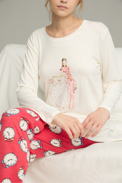 Siyah İnci Ecru Red Watch Pattern Cotton Crew Neck Knitted Pajamas Suit25241139