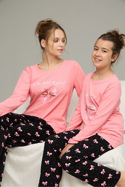 Siyah İnci Salmon Ribbon Pattern Cotton Crew Neck Knitted Pajamas Suit25241132