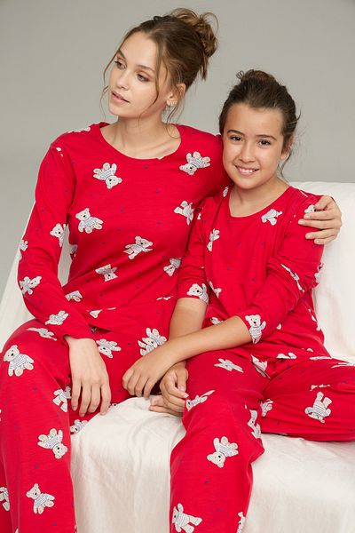 Siyah İnci Red Teddy Bear Patterned Cotton Crew Neck Knitted Pajama Set25241135