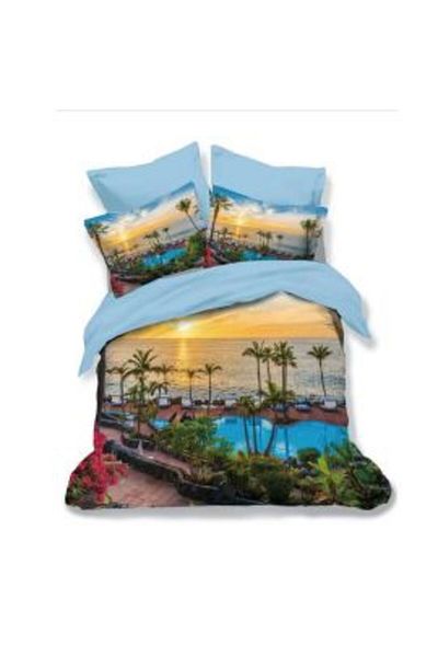 Ralex Lenjerie de pat dublu bumbac Finet 3D 6 piese 220 x 240 cm, Palmieri si plaja, Albastru, Pucioasa FN
