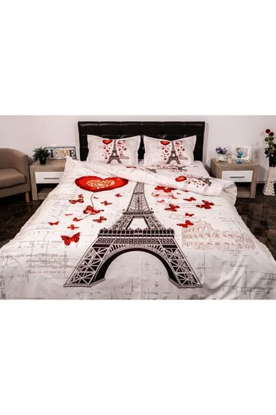 Ralex Lenjerie de pat dublu 4 piese 220 x 230 cm Digital Print 3D, Alb/Rosu Paris Love Pucioasa