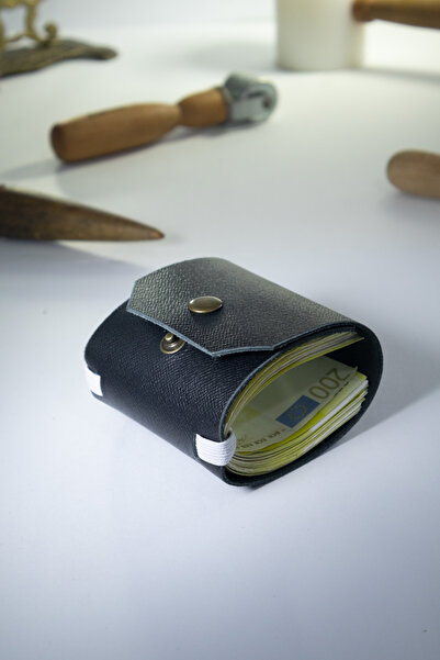 Tauran Mıknatıslı Para Klipsli Hakiki Deri Unisex Siyah Beyaz El Yapımı Cüzda...