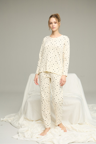 Siyah İnci Екрю з малюнком серця Бавовняний велосипедний комір В'язаний піжамний комплект 25241142