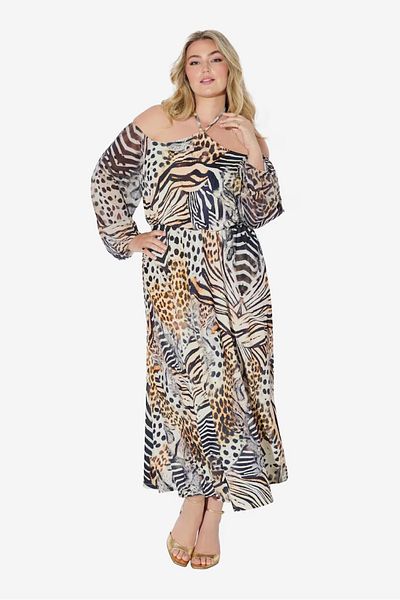 Şans Women's Plus Size Dark Beige-Black, Leopard Print, Sleeves Chiffon Detail Neck Tie-Up Dress 65N39024