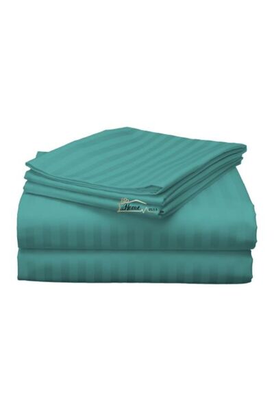 HomePuls Cearșaf de pat dublu King Size, model damasc, din policoton, cu dungi, 1 cm, 230 x 260 cm, turcoaz