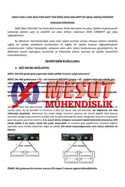 URETECH SAKO 3KVA 3000VA 2700 Watt Tam Sinüs Şarjlı Akıllı H.V 80A Mppt İnverter 24V-220V İnvertör 2.7kw 3kw