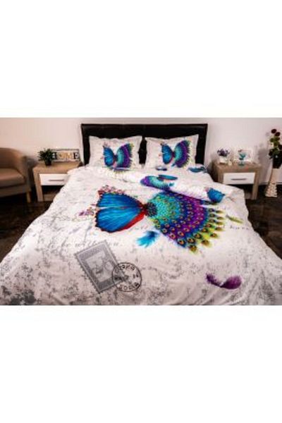 Ralex Double Bed Linen 4 Pieces 220 x 230 cm Digital Print 3D, White/Blue Butterfly Peacock Pucioasa