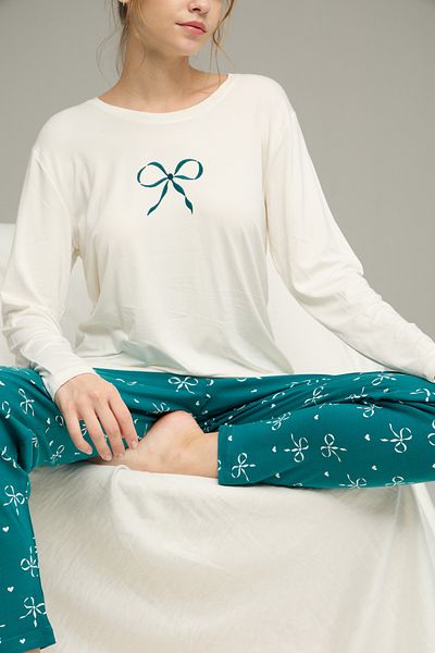 Siyah İnci Ecru Ribbon Pattern Cotton Crew Neck Knitted Pajamas Suit25241159