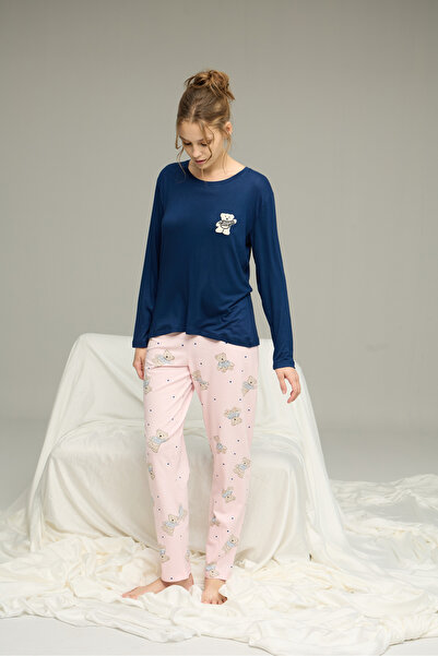 Siyah İnci Синій велосипедний комір з малюнком ведмедика Бавовняний трикотажний піжамний комплект25241146