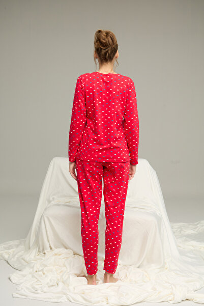 Siyah İnci Red Heart Pattern Cotton Crew Neck Knitted Pajamas Suit25241153