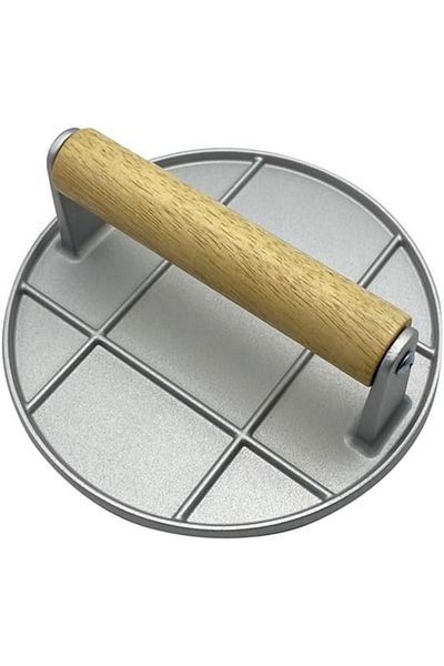 Primlife Presă manuală pentru carne, aliaj de aluminiu, mâner din lemn, ușor de curățat și utilizat, rotundă, 16x16x6 cm, gri