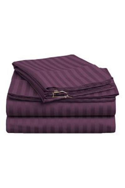HomePuls Bed Sheet for 2 People, Damask Cotton 100%, Hotel Type with 1 cm Stripe, 220 x 240 cm, Purple