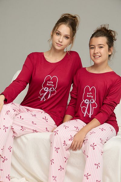 Siyah İnci Cherry Ribbon Pattern Cotton Crew Neck Knitted Pajamas Suit25241136