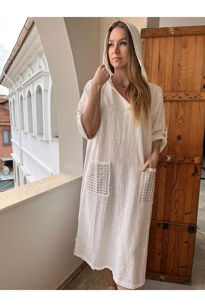 AGORATEKSTİL Women's Hooded Studded 2 Pockets Linen Long Dress