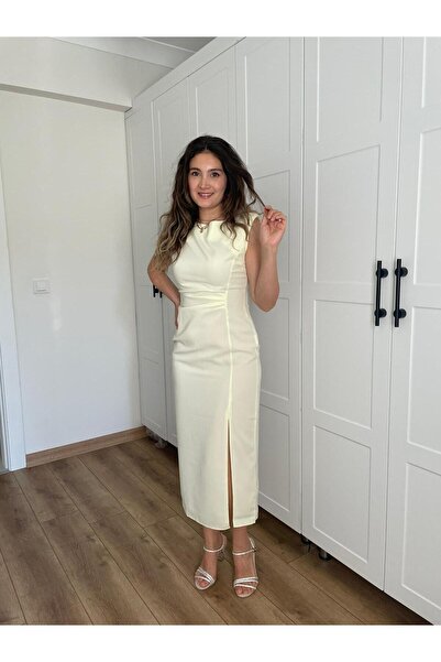 Nihanello Butik Sarı beli drapeli elbise