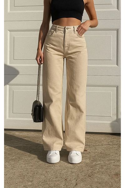 Shield Life Cream Palazzo High Waist Wide Leg 100% Cotton Women's Young Pants Top Quality