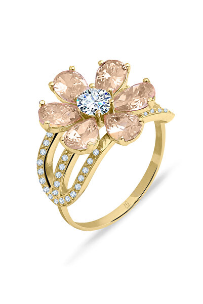 Aslı Gold Şampanya Taş Renkli Altın Nergis Çiçeği Yüzük