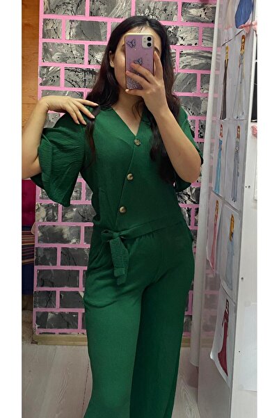 EGELİMODA Bürümcük Green Buttoned Tie-Up Summer Double Suit