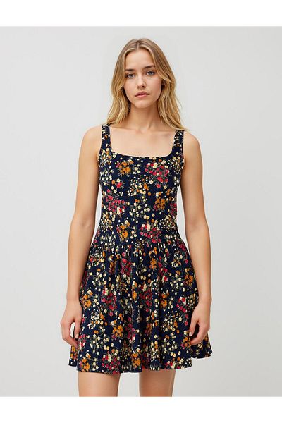 Jimmy Key Navy Blue Slim Fit Square Neck Knitted Dress
