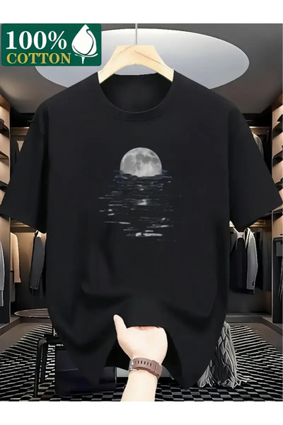 İSMTEXS تي شيرت من القطن الممشط مطبوع عليه قمر وتموجات بأكمام قصيرة للجنسين م...
