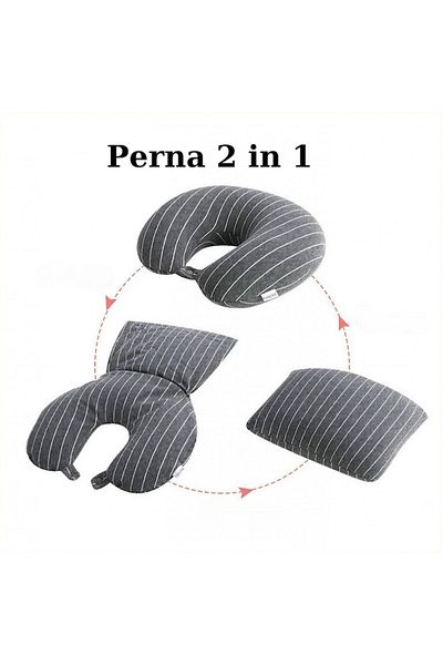 FEN Pernă de călătorie, 2 în 1, cu particule de spumă cu memorie, gri