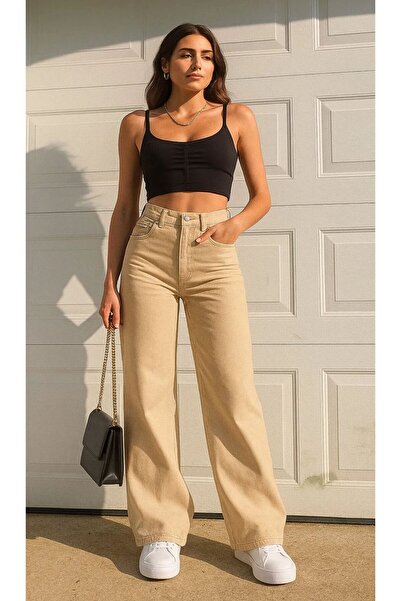 Shield Life Cream Palazzo High Waist Wide Leg 100% Cotton Women's Young Pants Top Quality