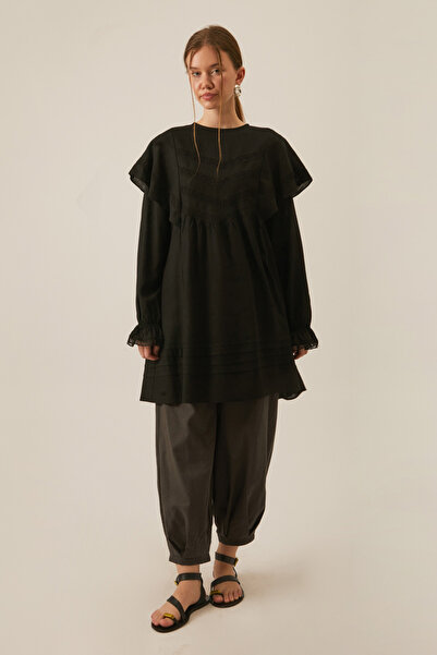 ZÜLAYS Volan Detaylı Dantelli Tunik Siyah