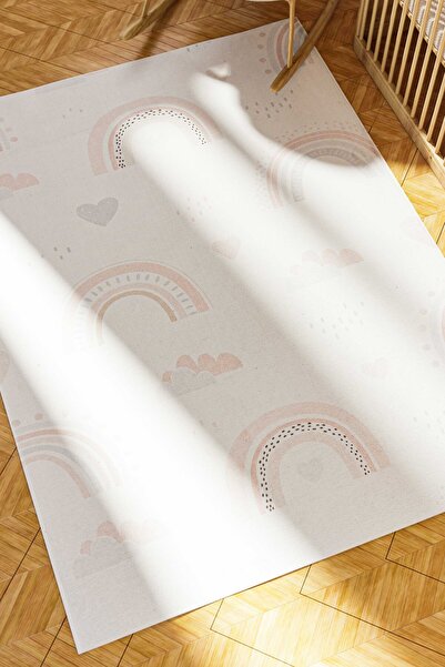 Serente Home Gökkuşağı Desenli Anti-bakteriyel Kaymaz Taban Şönil Beyaz Pembe Mavi Çocuk Halısı 4179