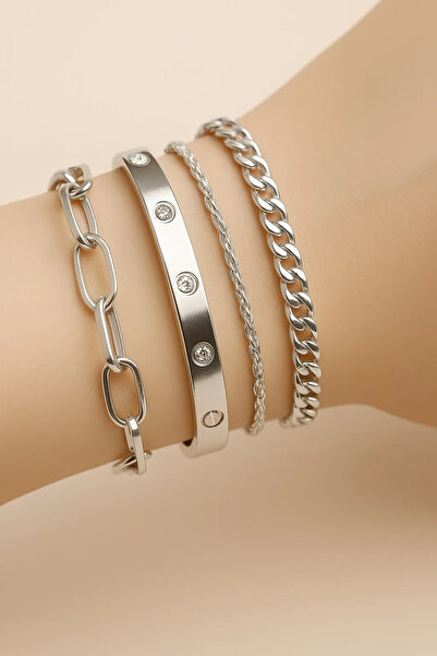 NEMOPHİLA Silver Color 4-Piece Women's Steel Bracelet Combination Set Stylish Jewelry Accessory