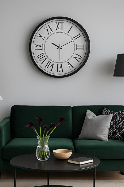 Muyika Design Dekoratif 55cm Siyah Metal Kasa Duvar Saati –Cam Ön Yüzey, Roma...