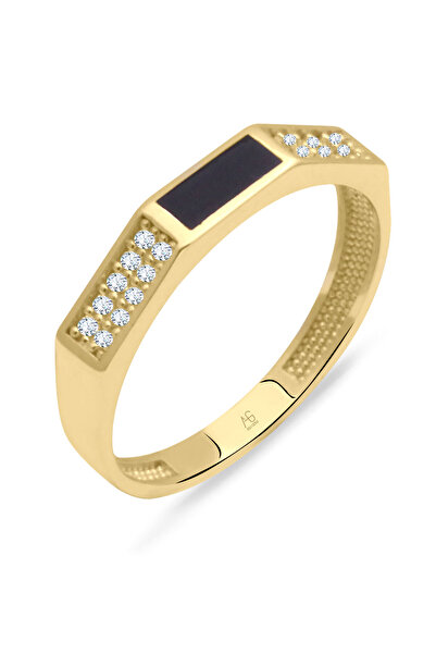 Aslı Gold Siyah Mineli Altın Köşegen Yüzük (YZK0534)