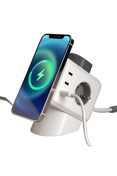 Allocacoc Cubic extension cord with wireless charging, Powercube, 6xUSB, 3 sockets, 1.5m, white/gray