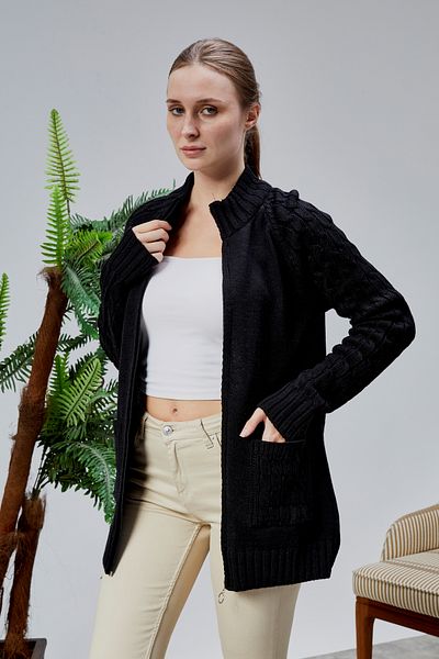 LUGMO Tricotaj de damă Cardigan cu buzunar cu fermoar Mărime standard Negru