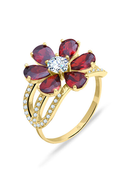 Aslı Gold Garnet Taşlı Altın Nergis Çiçeği Yüzük (YZK0546)