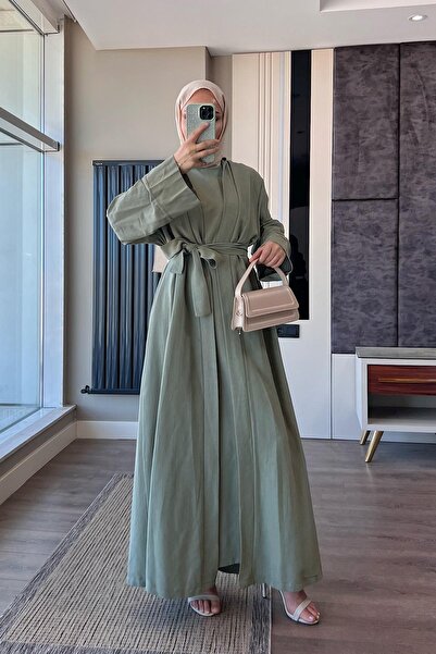 dubai showroom İçi Sıfır Kol İkili Abaya Takım Yeşil