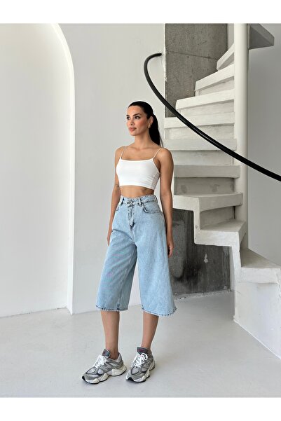 ÇEÇİM Kadın Açık Mavi Yüksek Bel Bol Paça Denim Bermuda Şort ZYN-58799