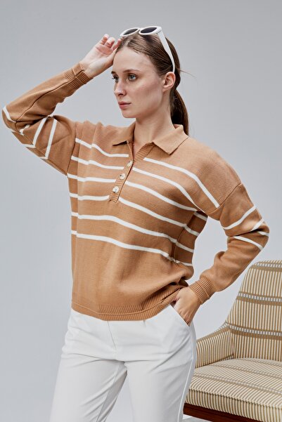 LUGMO Pulover de damă cu guler polo oversize cu dungi cu 4 nasturi din tricot Mink