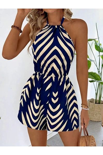 Cbm Women's Halter Neck Patterned Single Jersey Jumpsuit