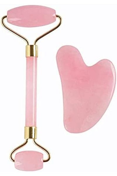 SUKILO Rose Quartz Jade Face Roller and Gua Sha Set – Double Headed Facial Roller for Eye Puffines