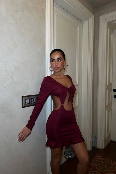 Stil Sepeti Women Burgundy V Neck Long Sleeve Back Low Cut Hook Detail Mini Dress Ely-1000569312