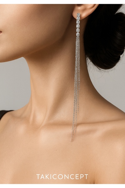 TakıConcept Taşlı Uzun Püsküllü Küpe, Tekli Uzun Küpe